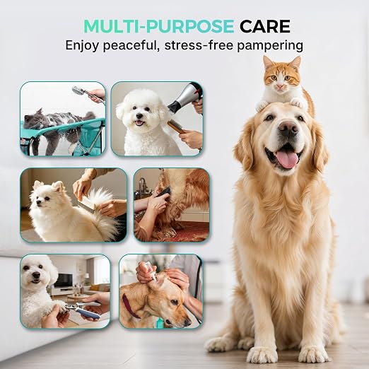 Pet supported in a grooming hammock for paw care
