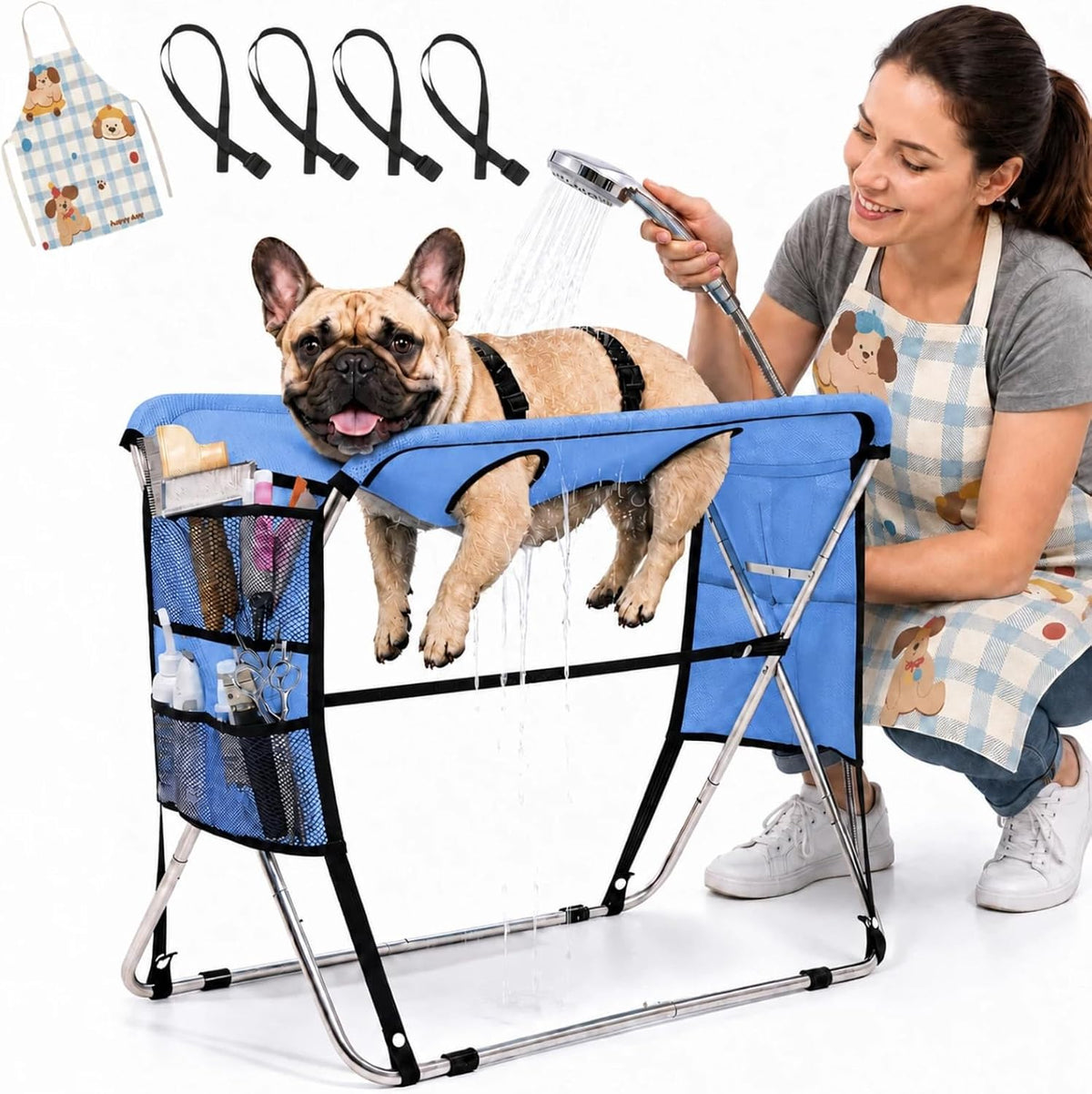 Blue pet grooming hammock and stand