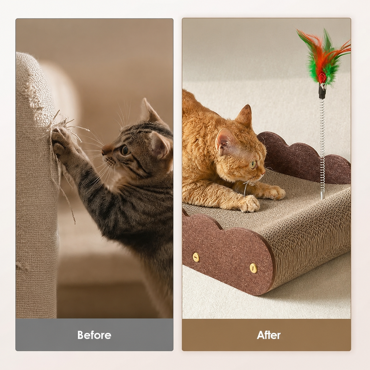 Indoor cat lounging on a cardboard scratcher couch