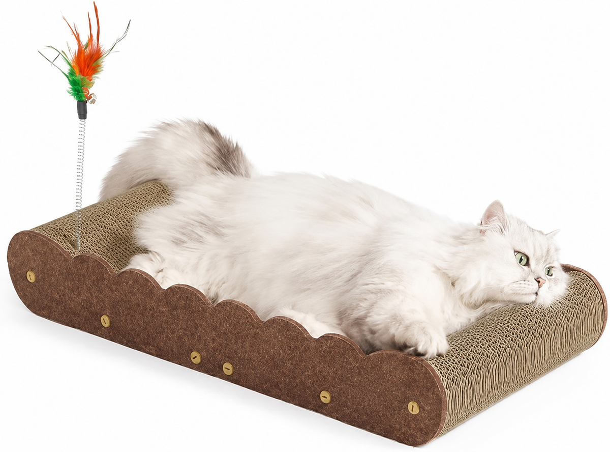 Brown 26-inch cardboard cat scratcher bed with teaser toys